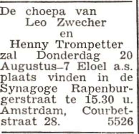 Aankondiging van de huwelijksinzegening van Joseph Leo Zwecher en Henny Trompetter