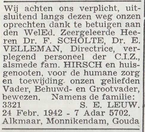 Dankbetuiging van de familie Leuw