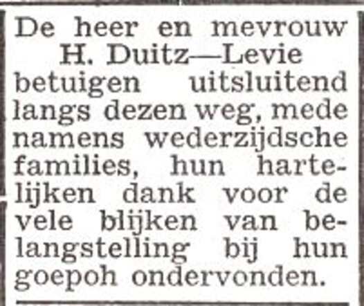 Dankbetuiging van het echtpaar Herman en Helene Duitz-Levie