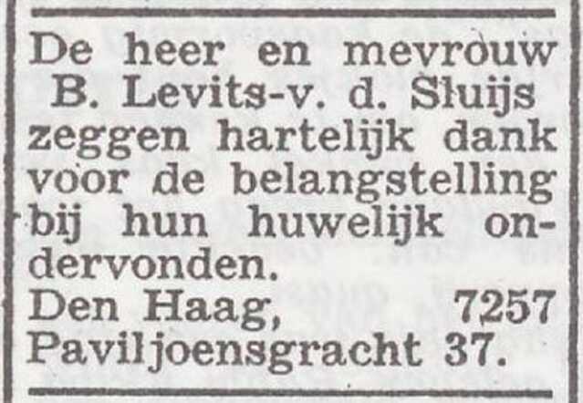 Dankbetuiging van Benjamin en Marianna Levits-van der Sluys