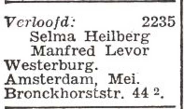 Vermelding van de verloving van Manfred en Levor en Selma Heilberg