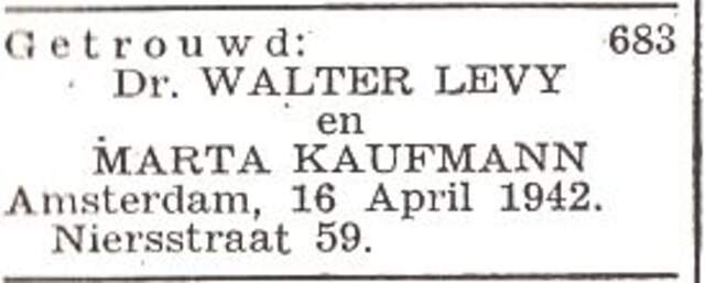 Vermelding van de huwelijkssluiting van Walter Arnold Levy en Marta Kaufmann