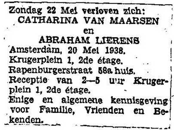 Advertentie betreffende de verloving van Abraham Lierens en Catharina van Maarsen, 20 mei 1938.