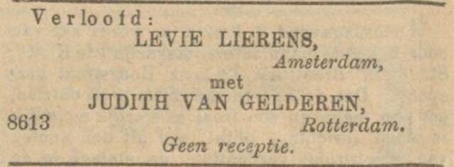 Advertentie geplaatst ter ere van de verloving van Levie en Judith. 01-06-1906, NIW.