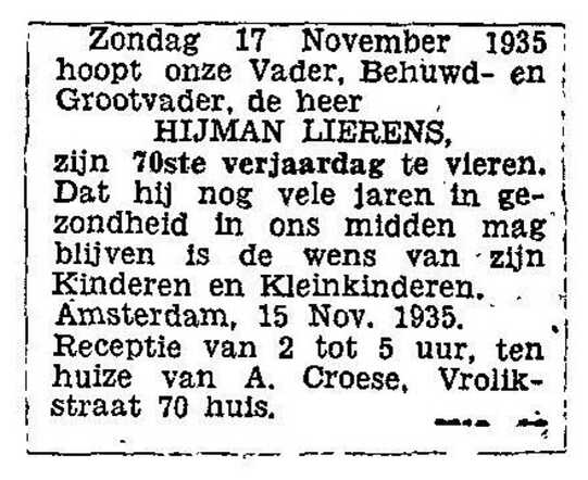 Ter ere van de 70ste verjaardag van Hijman Lierens.