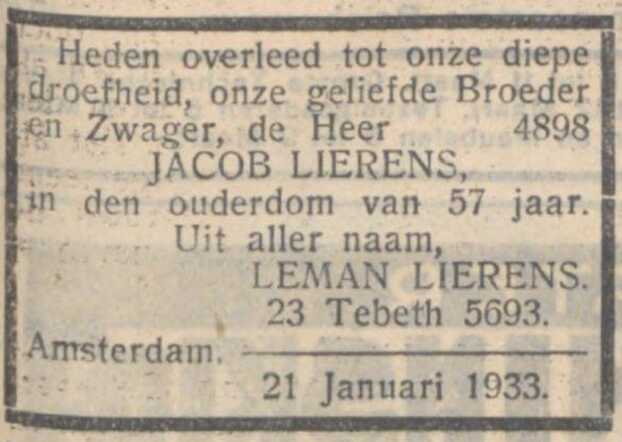 Advertentie uit naam van broer Leman Lierens. 27-01-1933, NIW.