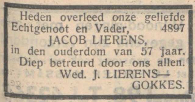 Advertentie geplaatst uit naam van echtgenote Judikje Lierens-Gokkes. 27-01-1933, NIW