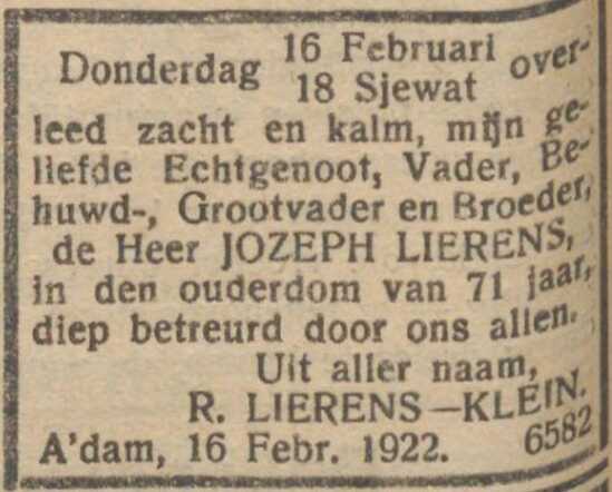Overlijdensadvertentie Joseph Hartog Lierens. 24-02-1922, NIW.