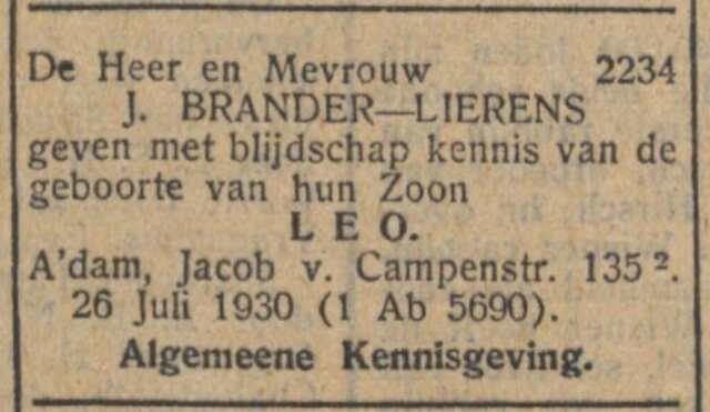 Advertentie van het gezin J. Brander-Lierens. 01-08-1930, NIW.