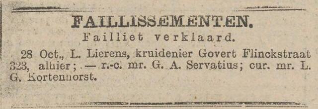 De faillietverklaring van kruidenier Levie Lierens. 29-10-1913. Het Nieuws van den Dag.