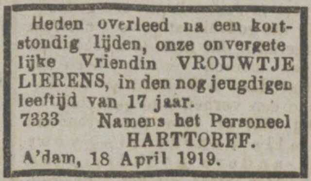 Overlijdensadvertentie. 25-04-1919, NIW.