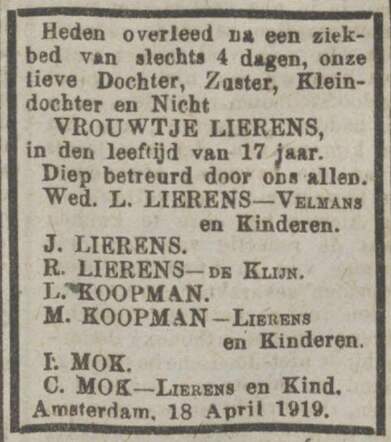 Overlijden Vrouwtje Lierens. 25-04-1919, NIW