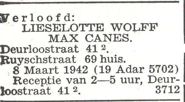 Bekendmaking van de verloving van Lieselotte Wolff