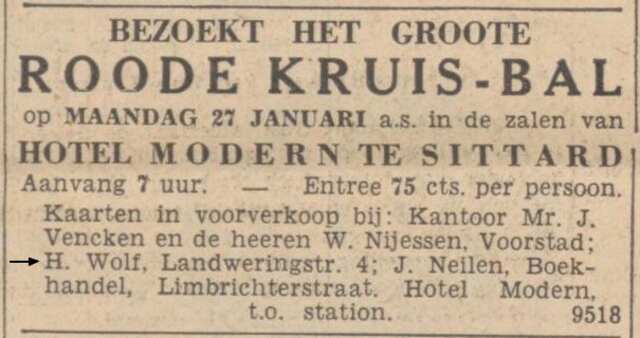 Limburger Koerier, provinciaal dagblad,  25 januari 1936, dag, pag. 8. Adv. H. Wolf nrk