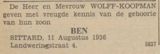 Limburger Koerier provinciaal dagblad, 13 augustus 1936, dag, pag. 10. Adv. geboorte Benjamin Wolff.