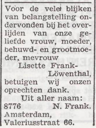 Dankbetuiging van de familie Frank