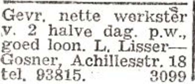 Advertentie van mw. Lieselotte Lisser-Posner