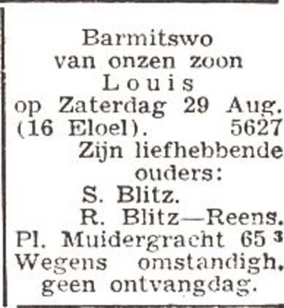 Aankondiging van de bar mitswa van Louis Blitz
