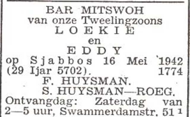 Aankondiging van de bar mitswa van Levie (Loekie) Huysman