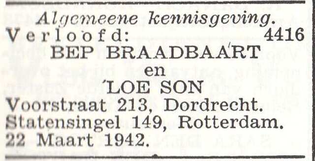 Vermelding van de verloving van Alouis Herman Son en Betje Braadbaart