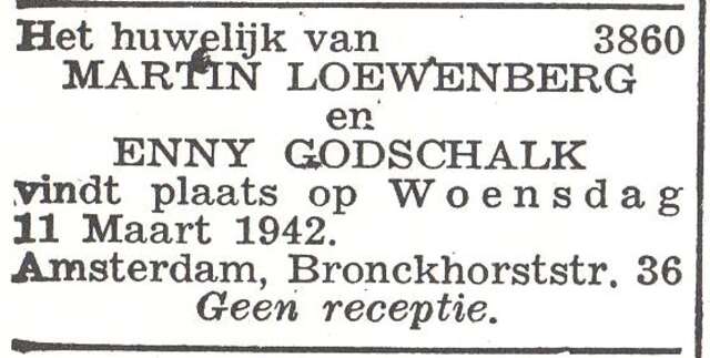 Aankondiging van het huwelijk van Martin Loewenberg en Enny Paula Godschalk