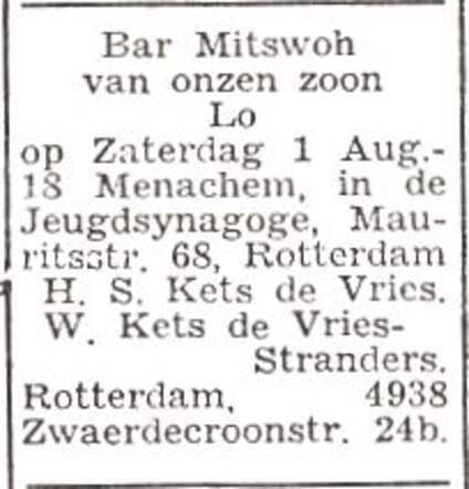 Aankondiging van de bar mitswa van Salomon Louis Kets de Vries