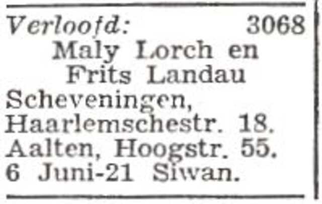 Vermelding van de verloving van Amalia Lorch en Frits Landau