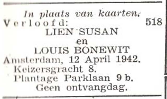 Vermelding van de verloving van Louis Bonewit en Lien Susan