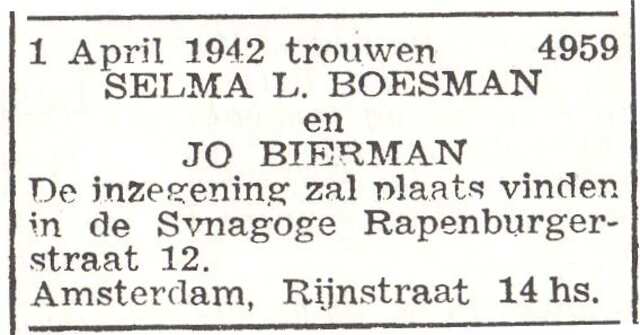 Aankondiging van de huwelijksinzegening van Selma Louise Boesman en Jo Bierman