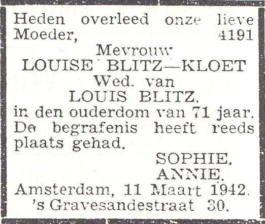 Rouwadvertentie van mw. Louise Blitz-Kloet
