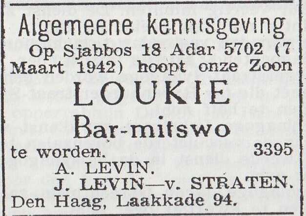 Aankondiging van de bar mitswa van Louis Emanuel Levin