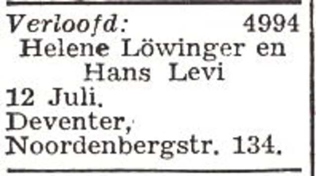 Bekendmaking van de verloving van Helene Löwinger en Hans Levi