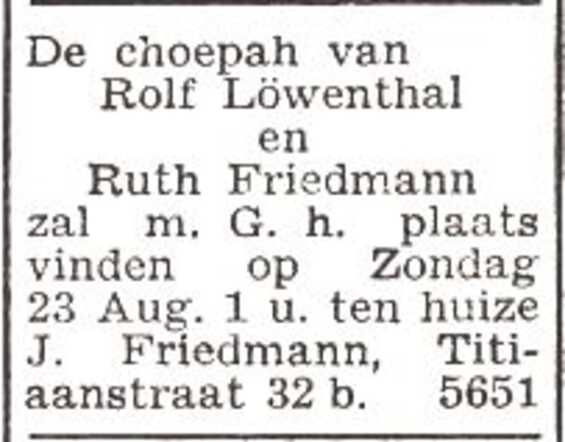Aankondiging van de huwelijksinzegening van Ruth Friedmann en Rolf Löwenthal