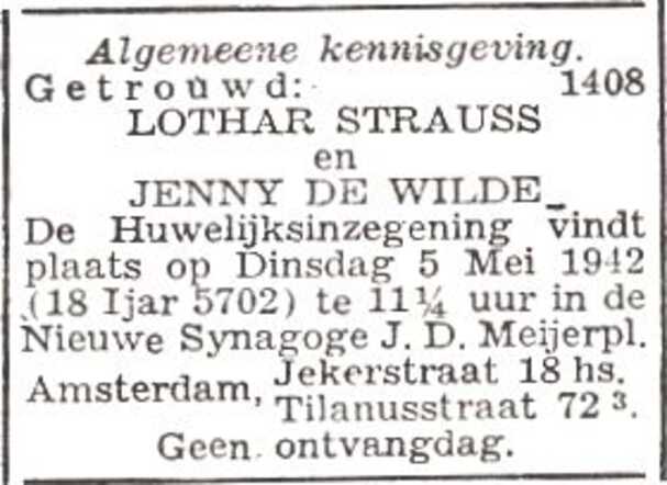 Aankondiging van de huwelijksinzegening van Lothar Strauss en Jeannetta Henriëtta de Wilde