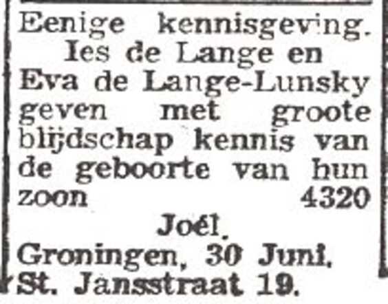 Vermelding van de geboorte van Joèl de Lange