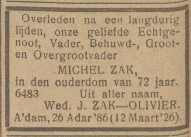 Overlijdensadvertentie Machiel Zak