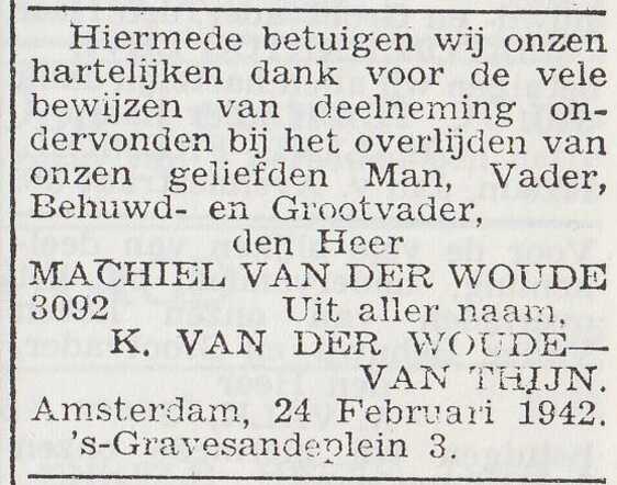 Dankbetuiging van de familie van der Woude