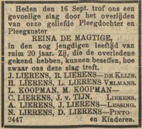 Onze geliefde pleegdochter en pleegzuster. 18-09-1914, NIW.