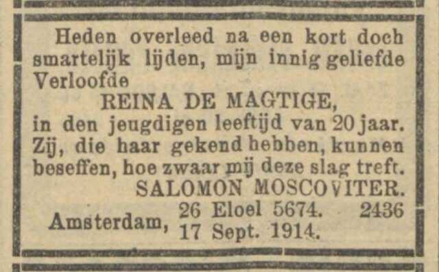 Overlijdensadvertentie Reina de Magtige. 18-09-1914, NIW.