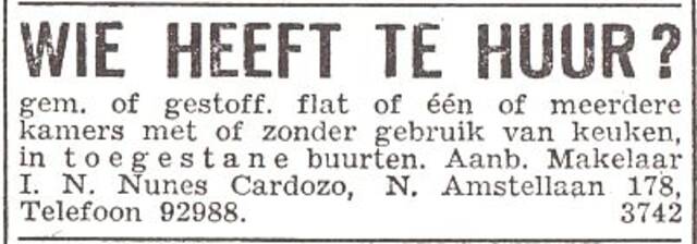 Advertentie van makelaar Isaac Abraham Cardozo