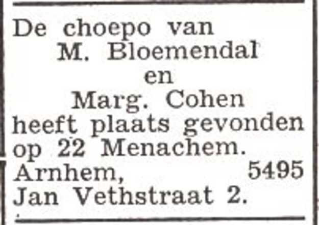 Bekendmaking van de huwelijksinzegening van Margaretha Henriette Cohen en Manfred Bloemendal