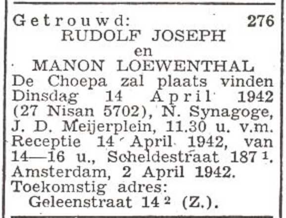 Aankondiging van de huwelijksinzegening van Rudolf Bernhard Joseph en Manon Loewenthal