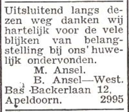Dankbetuiging van het echtpaar Machiel en Bertha Ansel-West