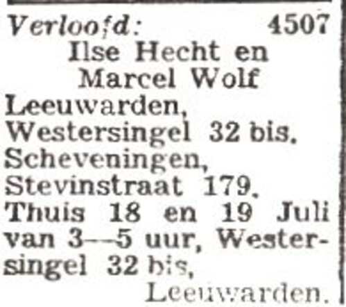 Vermelding van de verloving van Marcel Alfred Wolf en Ilse Hecht