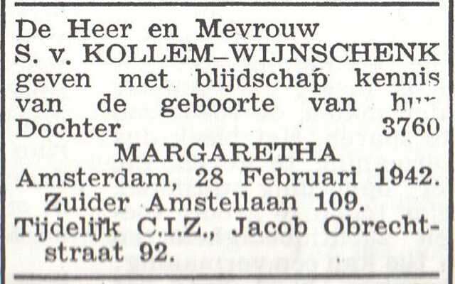 Vermelding van de geboorte van Margaretha van Kollem
