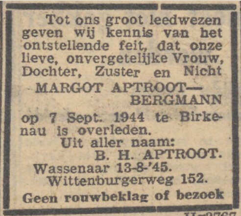 Margot Aptroot-Bergmann Trouw 17-08-1945