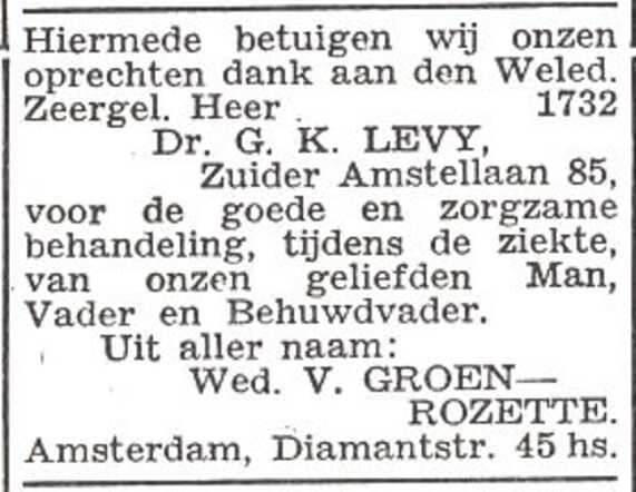 Dankbetuiging van mw. wed. Vogeltje Groen-Rozette