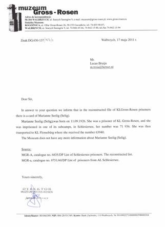 Informatie verzoek betreffende Marianne Seelig