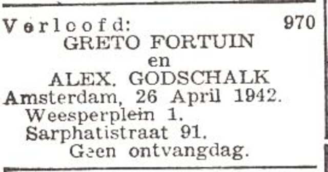 Aankondiging van de verloving van Alex Marinus Godschalk en Grietje Olga Fortuin