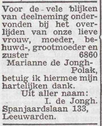 Dankbetuiging van de familie de Jongh